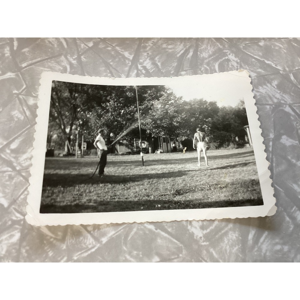 Vtg B&W Snapshot Men in Backyard Garden Hose Scalloped Edge Kodak Velox Photo